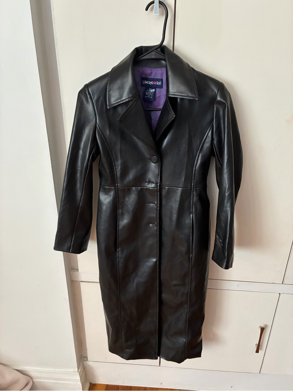 Limited Too Black Leather Mid-Length Coat with Purple Lining